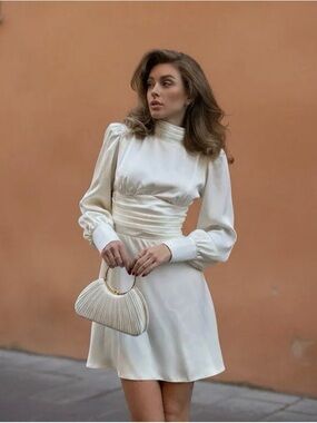 Ivory High-Neck Long-Sleeve Mini Dress